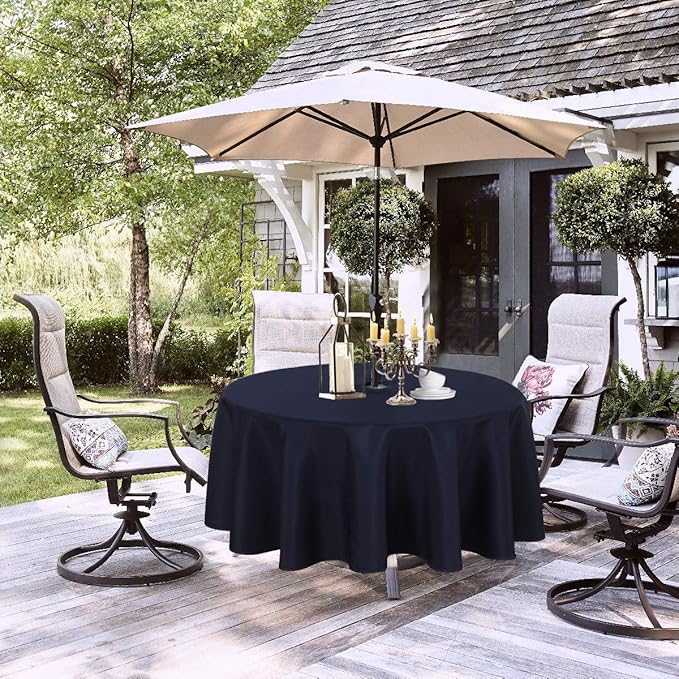 LUSHVIDA Round Outdoor Tablecloth with Umbrella Hole and Zipper, 90 Inch Navy, Washable Waterproof Table Cloth Spill Proof Wrinkle Free Table Cover for Patio Spring Summer Picnic BBQS