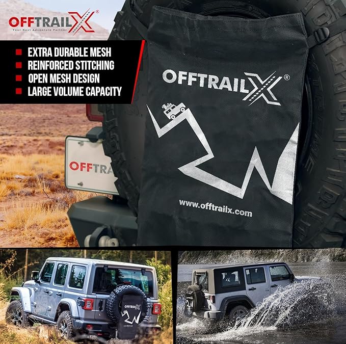 Spare Tire Hanging Mesh Trash Bag Heavy Duty Cargo Storage Bag for Wrangler, Bronco, Jeep, Truck, SUV, Car, Trunk Organizer for Camping, Beach, Outdoor, Off-Road Recovery Gear
