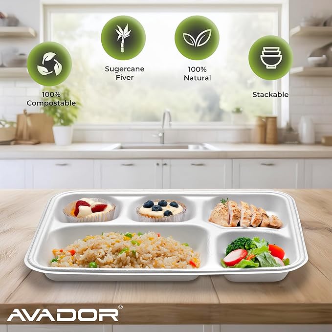 AVADOR® Compostable Tableware 100% Eco-Friendly & Biodegradable Dinnerware Eco-Conscious, Disposable, and 100% Biodegradable (5 Compartment Tray Pack of 125)