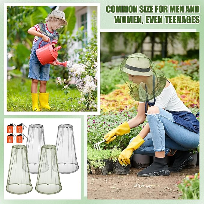 HESTYA 4 Pack Mosquito Head Net Face Mesh Protecting Net for Outdoor Hiking Camping Climbing Mosquito Fly Insects Preventing(Gray, Army Green)