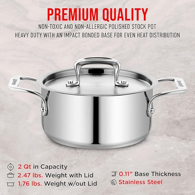 Stockpot – 2 Quart – Brushed Stainless Steel – Heavy Duty Induction Pot with Lid and Riveted Handles – For Soup, Seafood, Stock, Canning and for Catering for Large Groups and Events by BAKKEN
