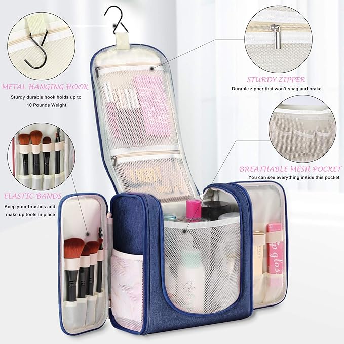 Hanging Toiletry Bag Extra Large Capacity | Premium Travel Organizer Bags For Men And Women | Durable Waterproof Nylon Bathroom, Shower, Makeup Bag For Toiletries, Cosmetics, Brushes