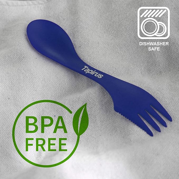 Tapirus - Spork to Go V8 Set - 7-inch BPA Free Sporks - Spoon, Fork and Knife Combo Utensils Flatware Mess Kit for Camping and Outdoor Activities - with Bottle Opener and Carrying Case - Pack of 8