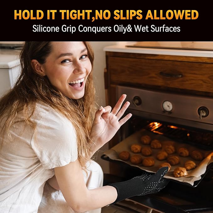 Professional Heat Resistant Gloves 1472°F, Fireproof Aramid Fiber/Silicone/Cotton BBQ Gloves for Grilling, Oven, Fireplace, Cooking & Heavy Duty Kitchen Handling（A Pair for Sale）