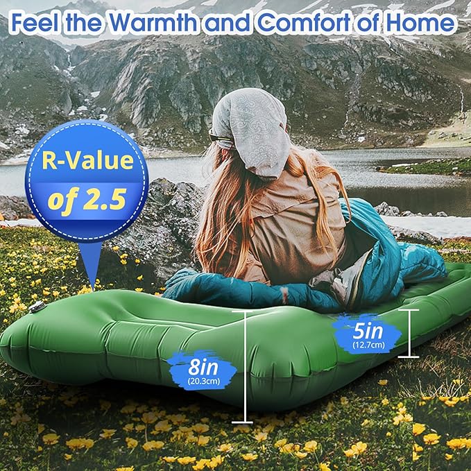 Camping Sleeping Pads，Extra Thick 5 Inch Inflatable Sleeping Mat with Pillow Built-in Pump，Oversized Mattress Super Portable Backpacking Sleeping Pad (Green, Single)