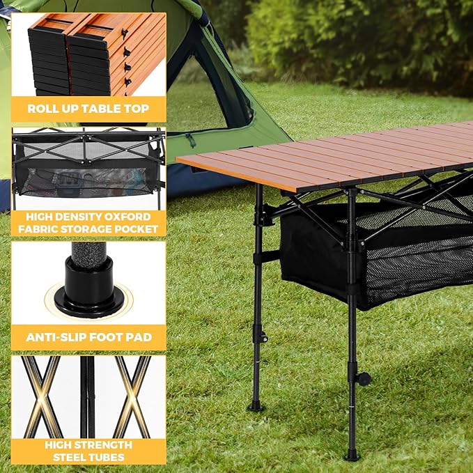 Portable Folding Camping Table, 4-6 Person Aluminum Outdoor Picnic Table with Storage Carry Bag, Adjustable Height Lightweight Camp Table for Beach, Picnic, BBQ and Indoor Use