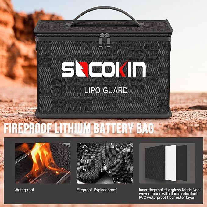 Lipo Battery Safe Bag Fireproof Explosionproof Bags Large Capacity Adjustable Safe Bag for Lipo Battery Charge Storage 10 Cell Adjustable Battery Safe Bag (10.6 * 6.7 * 6.7 in)
