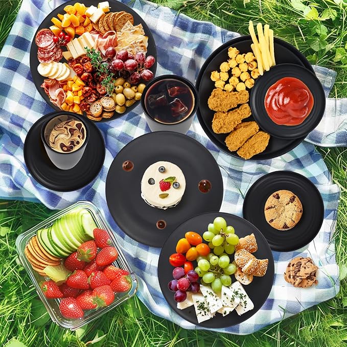 Wheat Straw Dinnerware Set of 40 Pieces - 10" & 9" Plates, 6" Snack Plates, 26oz & 12oz Bowls & Cups - Unbreakable, Microwave & Dishwasher Safe - Black