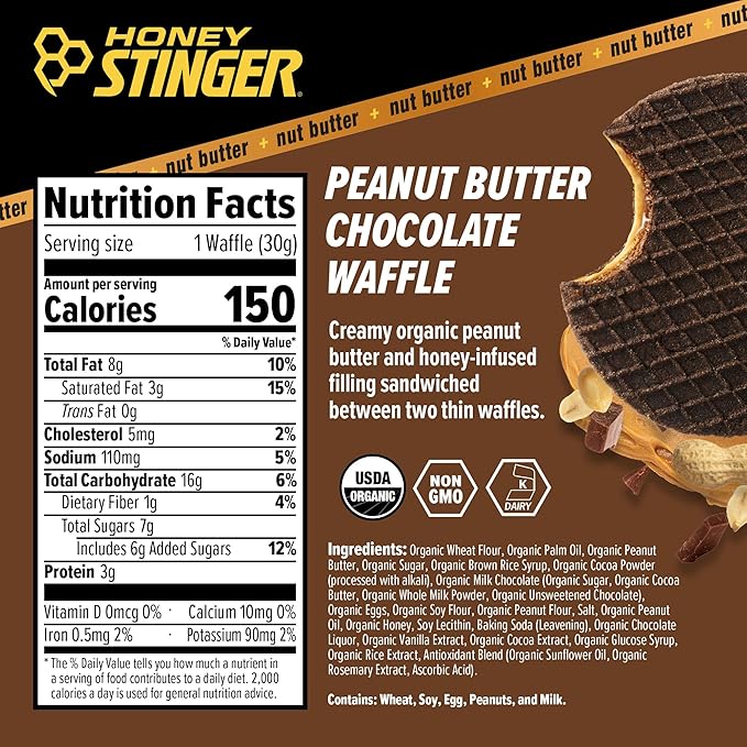 Honey Stinger Organic Peanut Butter Chocolate Waffle, Energy Stroopwafel for Exercise, Endurance and Performance, Sports Nutrition for Home & Gym, Pre & During Workout, 16.96 Ounces (Pack of 16)