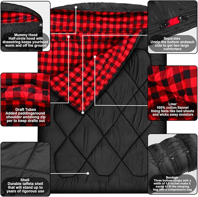 AGEMORE 0 Degree Double Sleeping Bag for Adults, Cotton Flannel Lined 2 Person Queen Size Warm Sleeping Bag for Family Winter Camping or RV Traveling