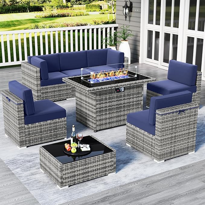 LayinSun 8 Piece Patio Furniture Set with 44" Propane Gas Fire Pit Table, Outdoor Sectional Conversation Set Wicker Rattan Sofa Set with Coffee Table