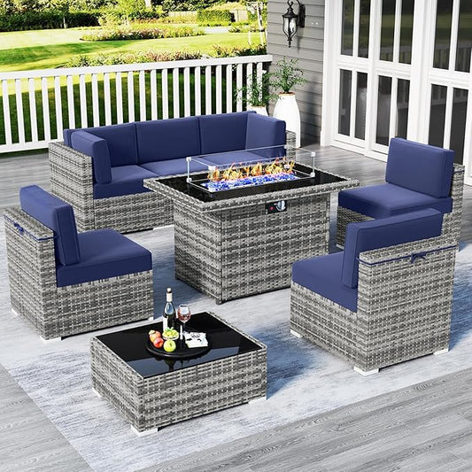 LayinSun 8 Piece Patio Furniture Set with 44" Propane Gas Fire Pit Table, Outdoor Sectional Conversation Set Wicker Rattan Sofa Set with Coffee Table