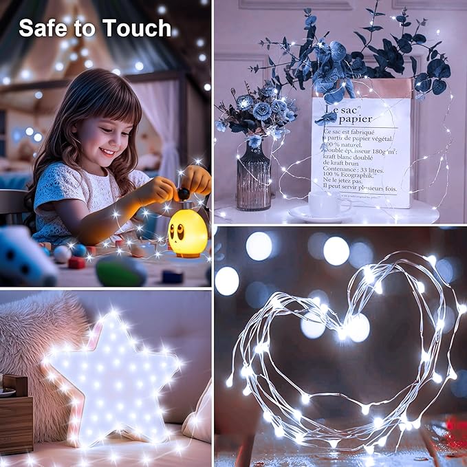 50LED Fairy Lights USB & Battery Powered 2Pack, 16FT White Fairy String Lights with 8 Modes & Timer, Cuttable Copper Wire Waterproof Twinkle Light Indoor Outdoor for Bedroom Wedding Christmas Decor