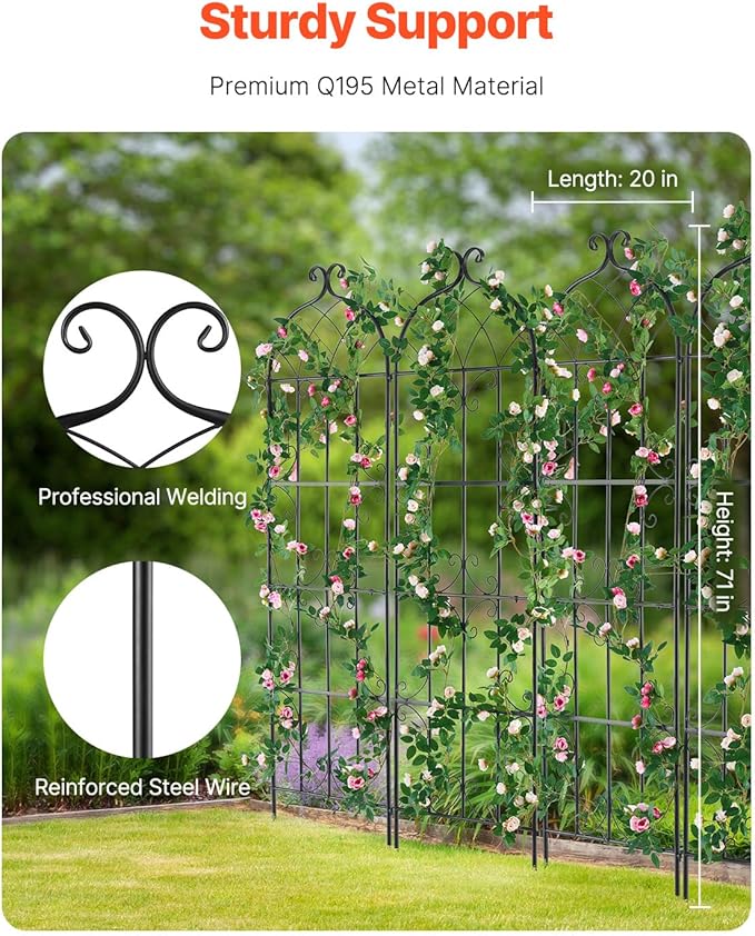 VEVOR Garden Trellis for Climbing Plants, 71 x 20 in, 6 Packs Rustproof Metal Garden Flower Trellis, Outdoor Climbing Rose Trellis Cucumbers Support, Decorative Clematis Trellis for Courtyards Lawns