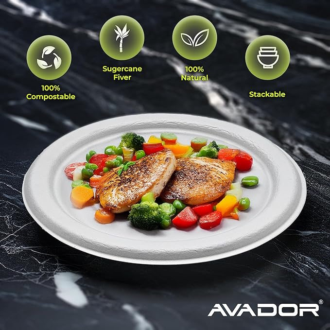 AVADOR® Compostable Tableware 100% Eco-Friendly & Biodegradable Dinnerware Eco-Conscious, Disposable, and 100% Biodegradable (6 inch Round Plates Pack of 100)