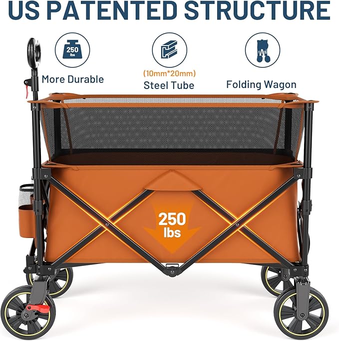 TIMBER RIDGE 350L Extra Large Collapsible Folding Wagon Carts with Brake, Heavy Duty Outdoor Camping Utility Wagons with Extended Height, Adjustable Handle, Cup Holders, Side Bag(Orange)