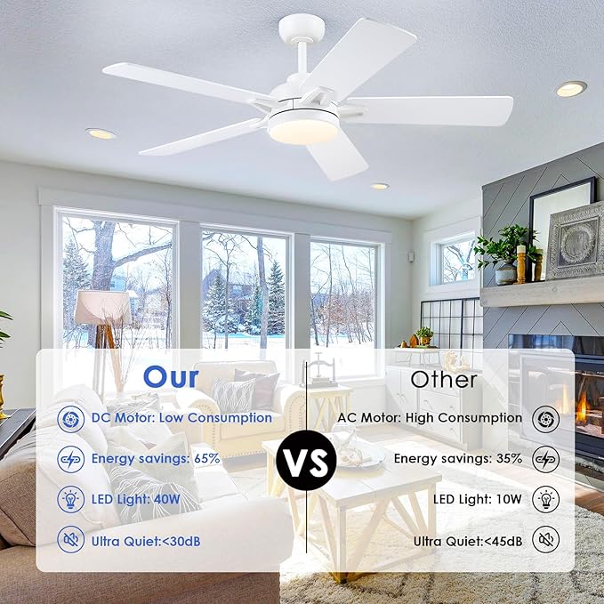White Ceiling Fans with Lights - 52 Inch Low Profile Ceiling Fan with Remote/APP Control, 3CCT Dimmable LED Light, 6 Speeds Reversible, Modern Ceiling Fan Lights for Indoor/Outdoor Use