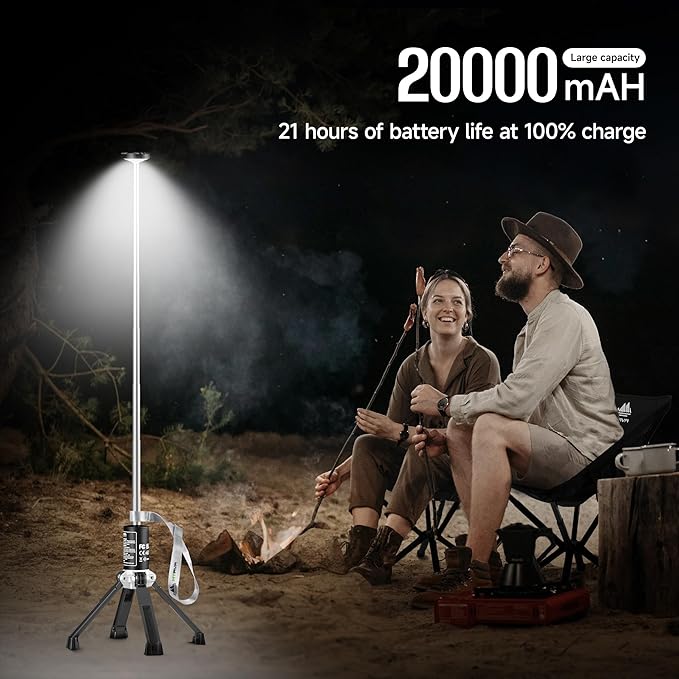 Rechargeable Work Light with Stand, 20000mah & 21h Runtime Light Tower，6500k 3 Modes Portable Power Supply, Magnetic Tent Lamps Perfect Outdoor Work Lighting for Hiking, Camping, Home Emergency.