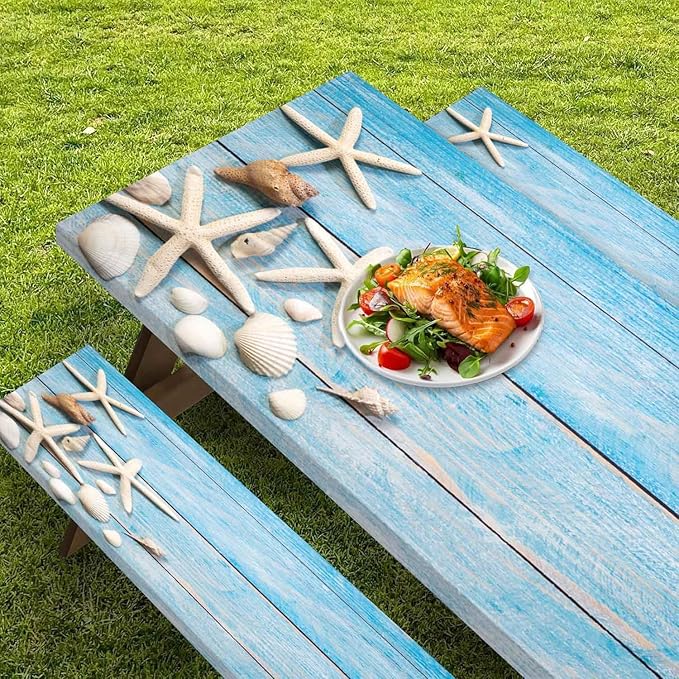 CAPSCEOLL Picnic Table Cover with Bench Covers 8Ft Waterproof Camping Tablecloth Sea Shells Outdoor Table Protector with Drawstring Bag for Camping Essentials, 96X30In, Summer Blue Wood