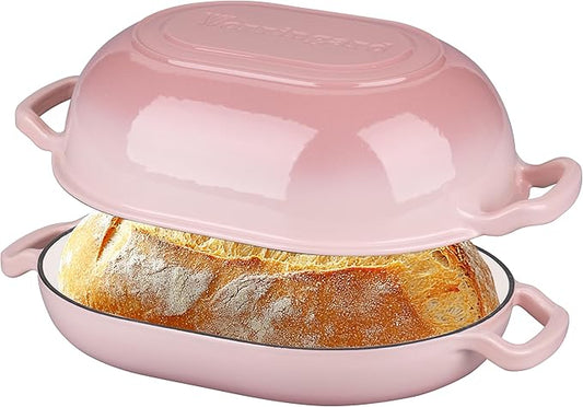 Enameled Cast Iron Sourdough Bread Oven, Dutch Oven, Loaf Cast Iron Bread Pan for Homemade Bread Baking, Meatloaf Pan with Lid, 7QT, Pink