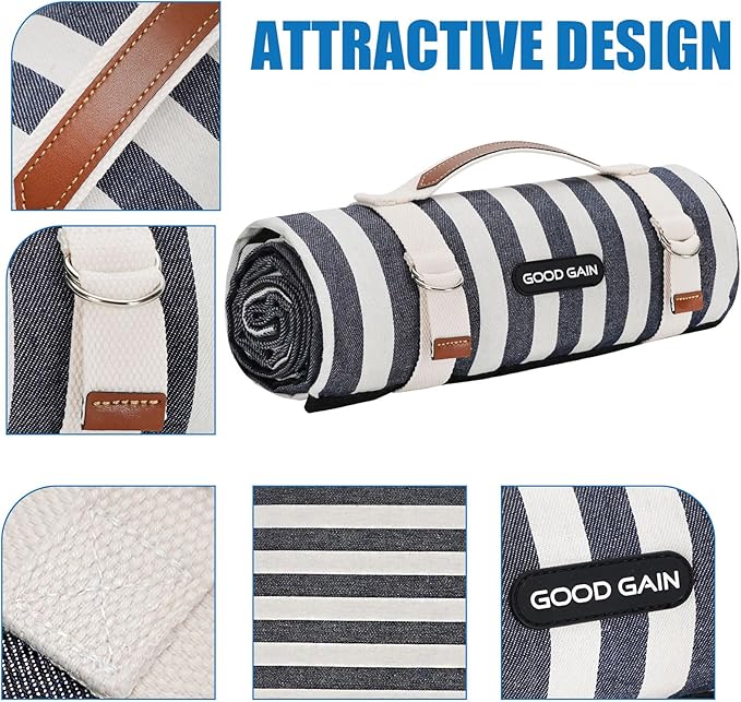 Picnic Blankets Outdoor Extra Large - Waterproof Picnic Blanket with Carry Strap | Machine Washable Picnic Mat with Sandproof Backing for Park,Grass,Hiking,Travel,Concerts,Indoor(Aegean Blue)