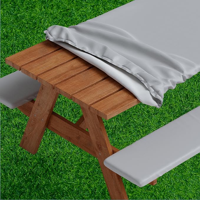 Sorfey Picnic Table Cover with Bench Covers -Fitted with Elastic, Vinyl with Flannel Back, Fits for Table 30"x 72" Rectangle,Water Proof, Solid Grey Design