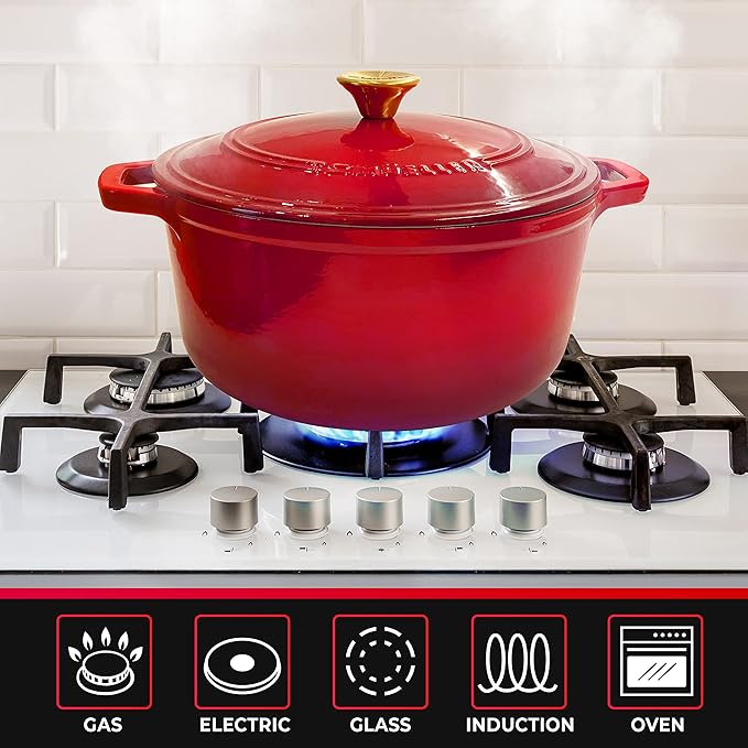 Mueller 6 Qt Enameled Cast Iron Dutch Oven, Heavy-Duty Casserole Dish and Braiser Pan with Lid and Stainless Knob, Safe for All Cooktops