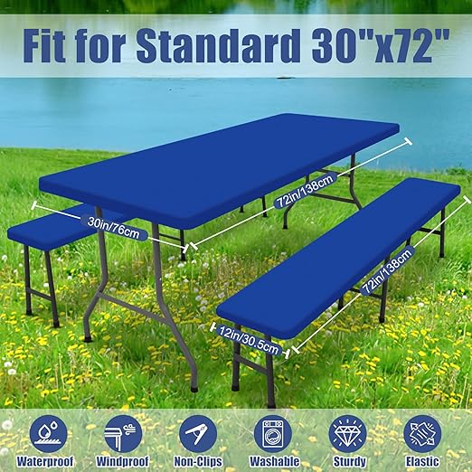 Picnic Table Cover with Bench Covers, Elastic Fitted Spandex Tablecloths for 6 Foot Rectangle Tables, Stretch Washable Patio Tablecloth for Outdoor, Camping (Blue, 30"x72")