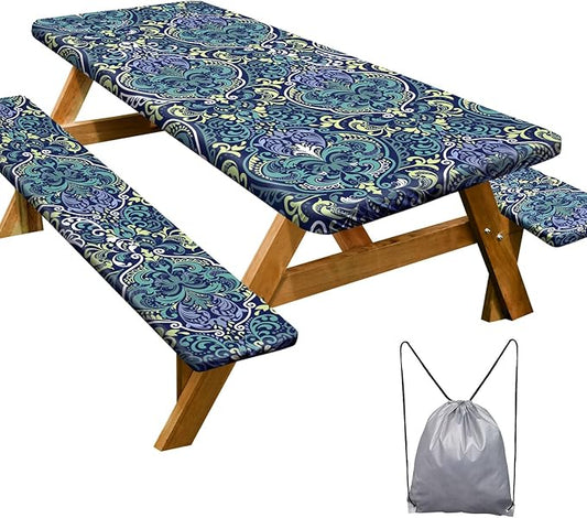 Picnic Table Cover with Bench Covers Camping Essentials Waterproof Windproof Camping Tablecloth with Drawstring Bag, Fitted Rectangle Tables and Seats, 72in, Deep Blue Green