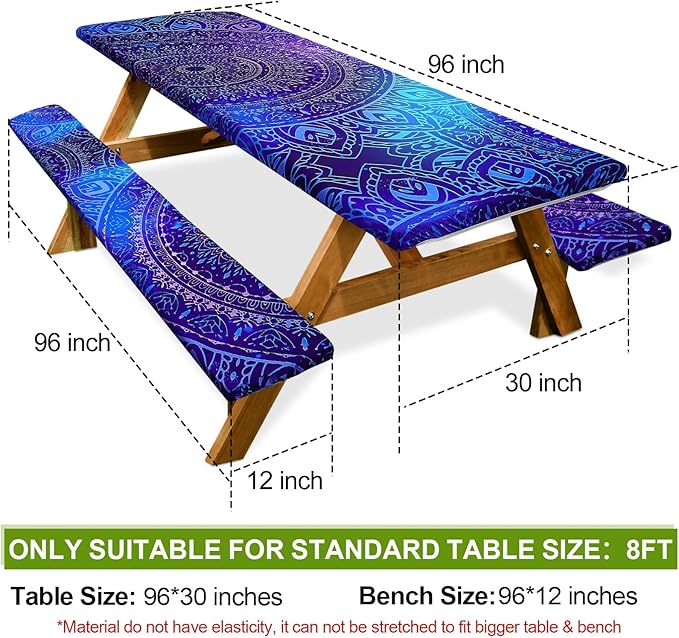Picnic Table Cover with Bench Covers Camping Essentials Waterproof Windproof Camping Tablecloth with Drawstring Bag, Fitted Rectangle Tables and Seats, 96in, Blue Purple