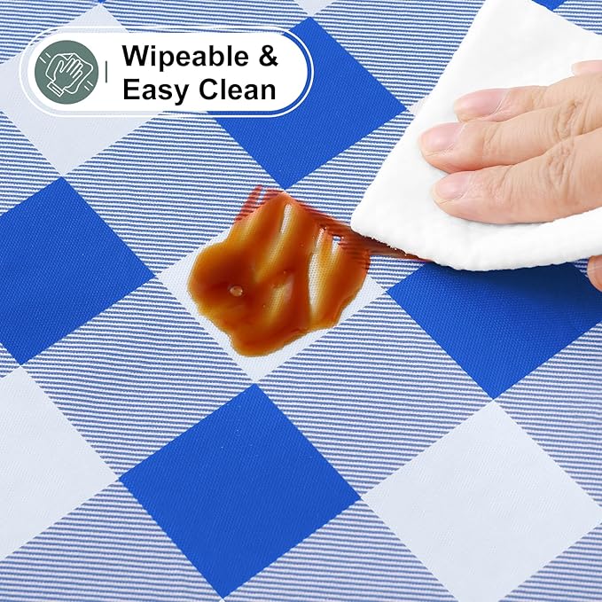 misaya Buffalo Rectangle Picnic Tablecloth, 6 Foot Elastic Fitted Vinyl Table Cloth with Flannel Backing, Waterproof Plaid Table Covers for Dining, Camping, Outdoor (Blue and White, 30" x 72")