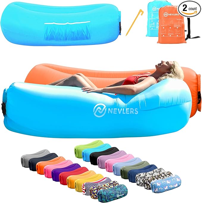Nevlers 2 Pack Inflatable Loungers Air Sofa Couch | Perfect for Beach Chair Camping Chairs or Portable Hammock |Travel Bag Pouch, Pegs & 3 Pockets| Movie Seating & Camping Accessories Blow Up Lounger