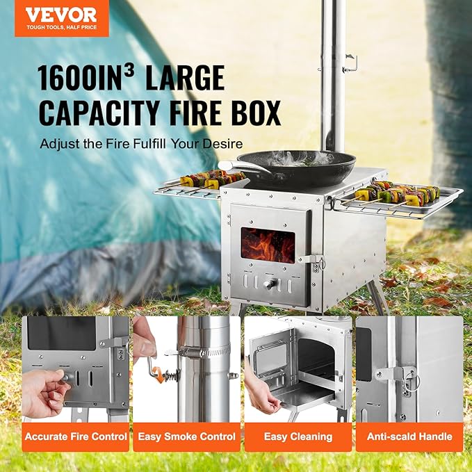 VEVOR Camping Wood Stove Stainless Steel Camping Tent Stove, Portable Wood Burning Stove with Chimney Pipes & Gloves, 1646in³Firebox Hot Tent Stove for Outdoor Cooking and Heating with 8 Pipes