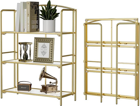 Crofy No Assembly Folding Bookshelf for Living Room, 3 Tier Gold Collapsible Book Shelf for Home Office, Portable Bookcase Storage Organizer
