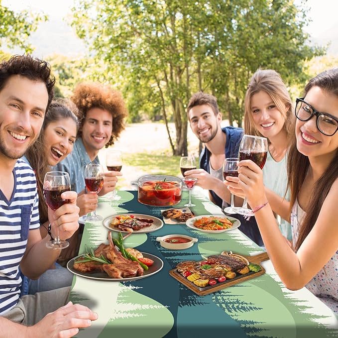 Picnic Table Cover with Bench Covers Tablecloth with Elastic Edges Waterproof Windproof Camping Essentials, Fitted Rectangle Tables and Seats, Drawstring Bag, 60in, Blue Green