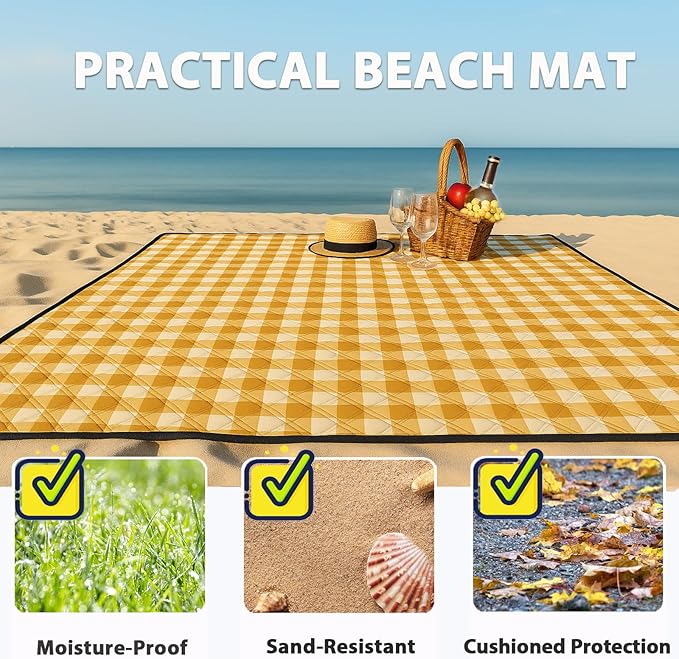 TigeJoy Extra Large Picnic Blanket Waterproof Foldable 80''x80'', Outdoor Picnic Mat Beach Blanket Sandproof for Park, Grass, Travel, Hiking, Camping Essentials, Gingham Picnic Blanket