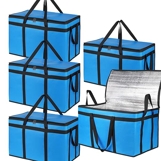 Bodaon 5-Pack Cooler Insulated Food Delivery Bag for Doordash/Uber Eats, XXX-Large Thermal Bags for Catering/Hot Pizza, Travel/Camping/Picnic Basket，Grocery Reusable Warmer and Frozen, Blue-Black Edge