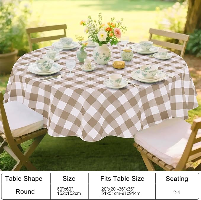 Smiry Round Plastic Table Cloth, Waterproof Vinyl Tablecloth with Flannel Backing, Wipeable Buffalo Plaid Table Cover for Dining, Indoor and Outdoor (Khaki & White, 60" Round)
