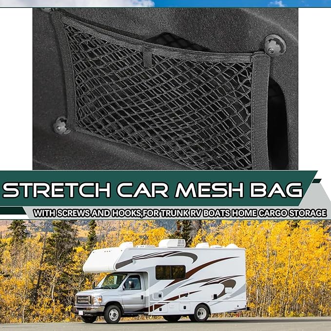 JINGKE 2 Pcs Small Cargo Net Pocket Elastic Mesh Netting Car Mesh Pouch with Screws and Hooks for Trunk RV Boats Home Cargo Storage (25.6'' x 9.8'')