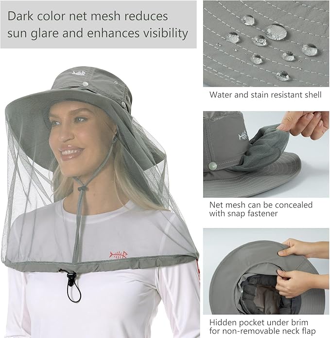 BASSDASH UPF 50+ Mosquito Sun Hat with Hidden Head Net and Neck Flap for Men Women Outdoor Fishing Hiking Camping FH16
