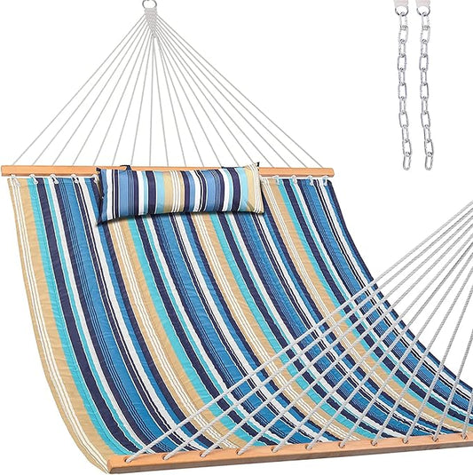 Lazy Daze Hammocks 12 FT Quilted Fabric Double Hammock with Spreader Bars and Detachable Pillow, 450 LBS Weight Capacity, Beaches Stripe