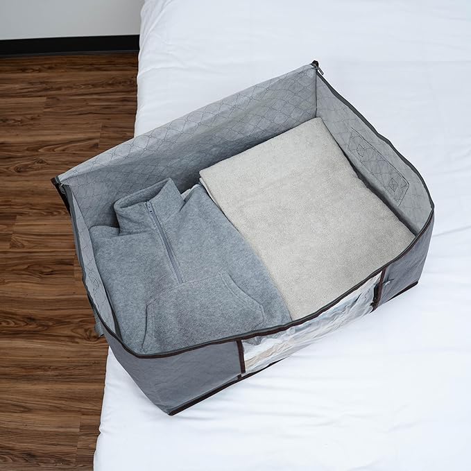 VENO 3 Pack Medium Clothes Storage Bag Organizer with Reinforced Handle Thick Fabric for Comforters, Blankets, Bedding, Foldable with Sturdy Zipper, Clear Window, Grey, Reusable (9.5 Gallon)