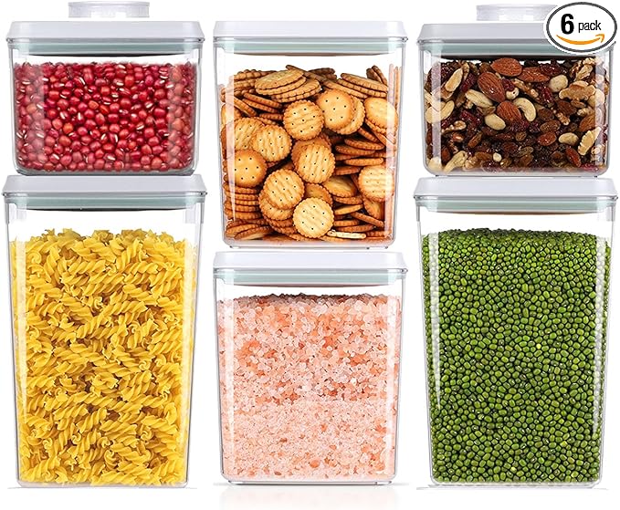 Pop Airtight Food Storage Containers Set with Lids, 6 Pcs Stackable One Button Opening Food Containers Kitchen Pantry Organization and Storage, BPA Free Stackable Cereal Container (0.5, 1.2, 1.8qt)*2