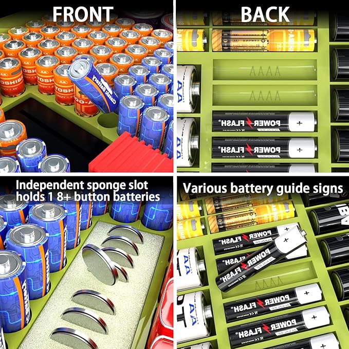 Large Capacity 269 Battery Organizer Storage Case with Tester, Double-Side Battery Holder Container for AA AAA AAAA C D 9V Lithium 3V CR123 CR1632 18650 Batteries(Box Only) (Lighting Green)