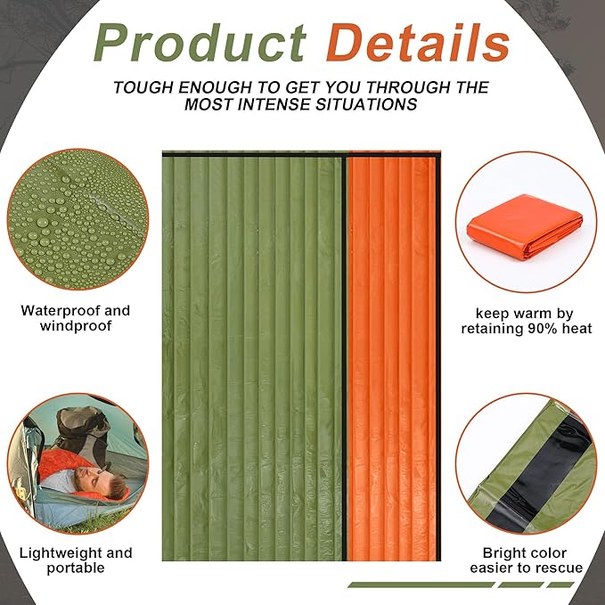 Preboun 70 Pcs Emergency Sleeping Bag Portable Lightweight Survival Bag Thermal Bivy Sack Waterproof Emergency Blanket Survival Gear for Outdoor Camping Hiking Homeless People Shelter (Orange,Green)