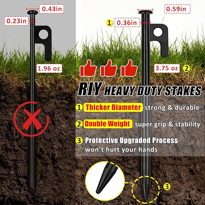 16 Pack Tent Stakes Heavy Duty Metal Tent Pegs for Camping Steel Tent Stakes 8 inch Unbreakable and Inflexible