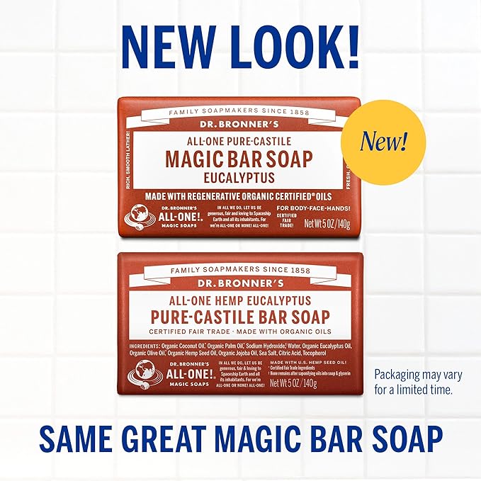 Dr. Bronner's Pure-Castile Magic Bar Soaps - Made with Regenerative Organic Certified Oils - For Face, Body, Hair- Vegan Soap Bars for Men & Women - Eucalyptus 2 pack, 5 oz