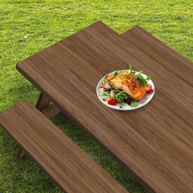 Picnic Table Cover with Bench Covers Elastic Edges, Wooden Brown Fitted Table Cover, Outdoor Patio Camping Essentials 72 Inch 3PCS, Waterproof Camping Fitted Tablecloth with Drawstring Bag