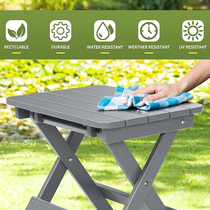 TORVA Outdoor Adirondack Foldable Side Table,Patio End Table for Poolside Garden, Weather Resistant Coffee Table -Plastic High-Density PE（Gray Color-floldable