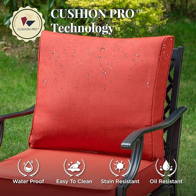 Patio Furniture Set with Fire Pit Table, 5 Pcs Metal Outdoor Conversation Set, 4 Single Chairs with 5.75" Extra Thick Cushion and 28" Fire Pit Table for Backyard Deck, Red